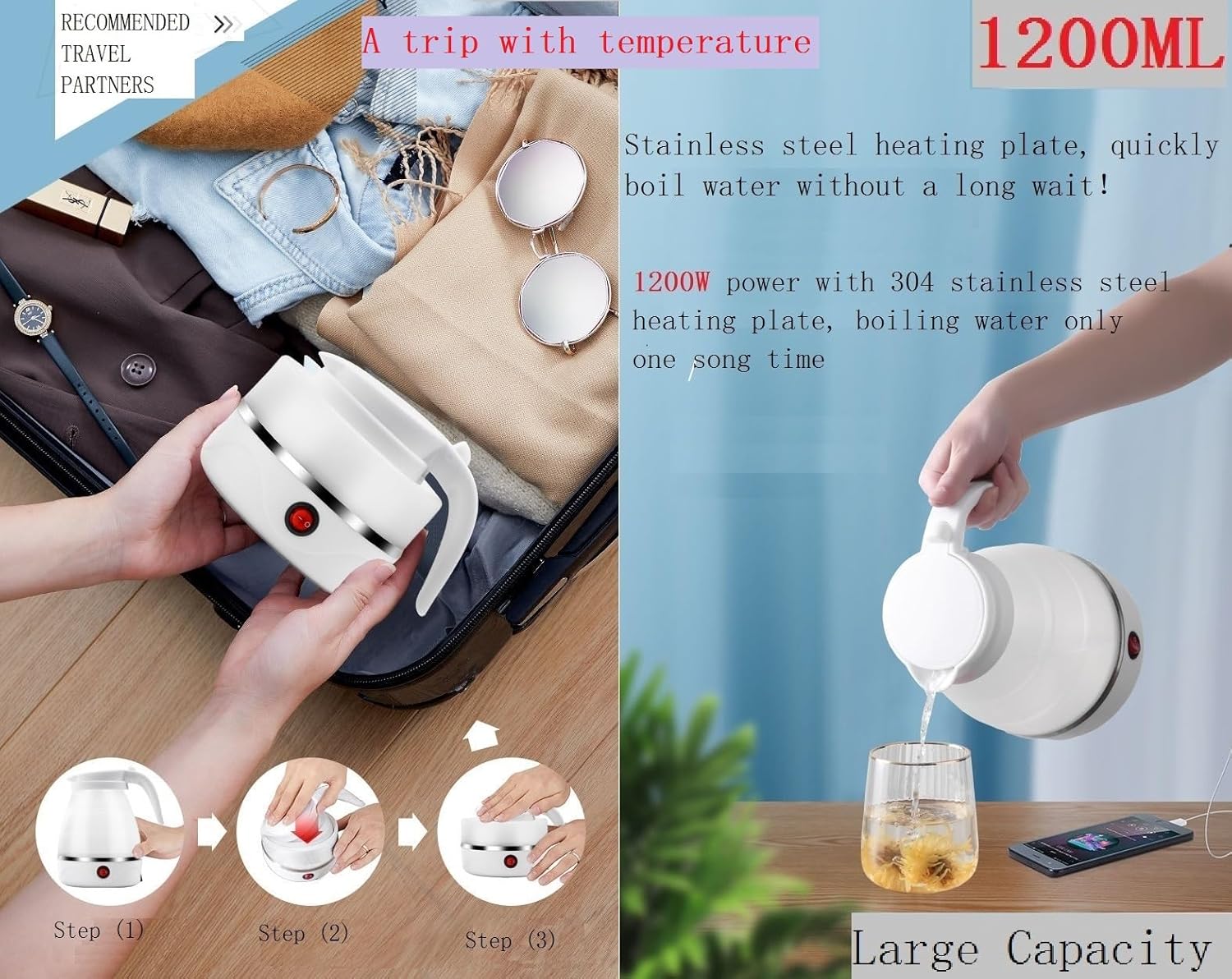 Foldable Electric Kettle 220v Home Appliances Silicone Portable Travel Kettle Keep Warm Kettle